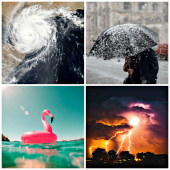 Weather Collage of hurricane, snow storm, sunny blue skies and lightning storm. Source Unsplash
